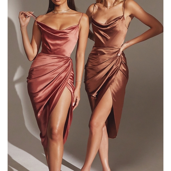 Emerald Green Spaghetti Strap Draped High Slit Tulip Skirt Satin Midi Dress - Picture 13 of 16